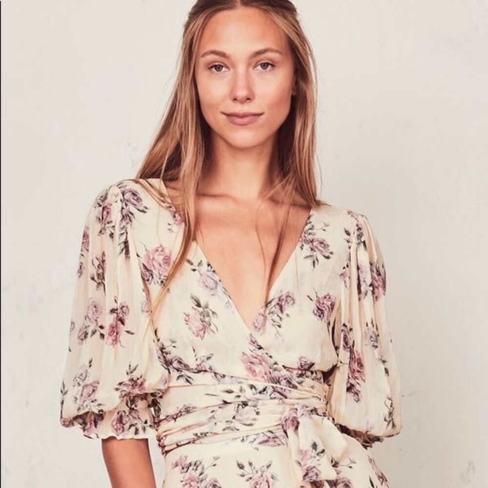 LoveShackFancy Domino Silk Chiffon Wrap Floral Cropped Top‎ Blouse XS NEW